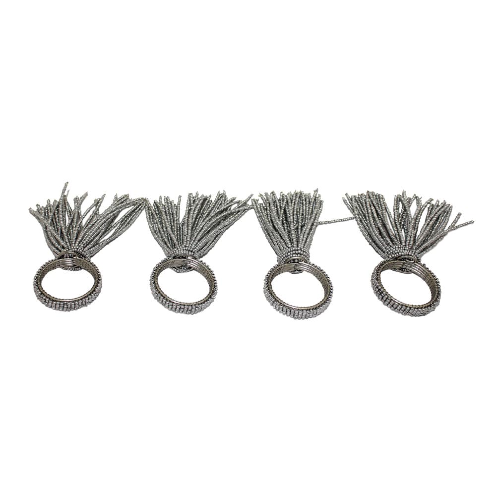 Silver Beaded Napkin Ring Set of Four with Tassel
